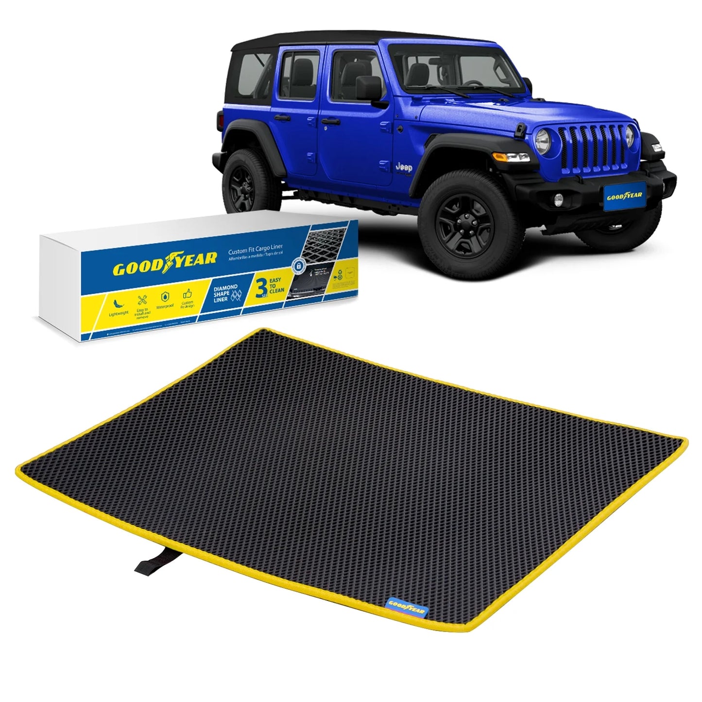 Goodyear custom fit cargo mat liner for jeep wrangler 2019-2024 - heavy duty trunk liner, dimond shape, luggage with waterproof, liquid & dirt trapping technology - anti-slip cargo liner - gy004562