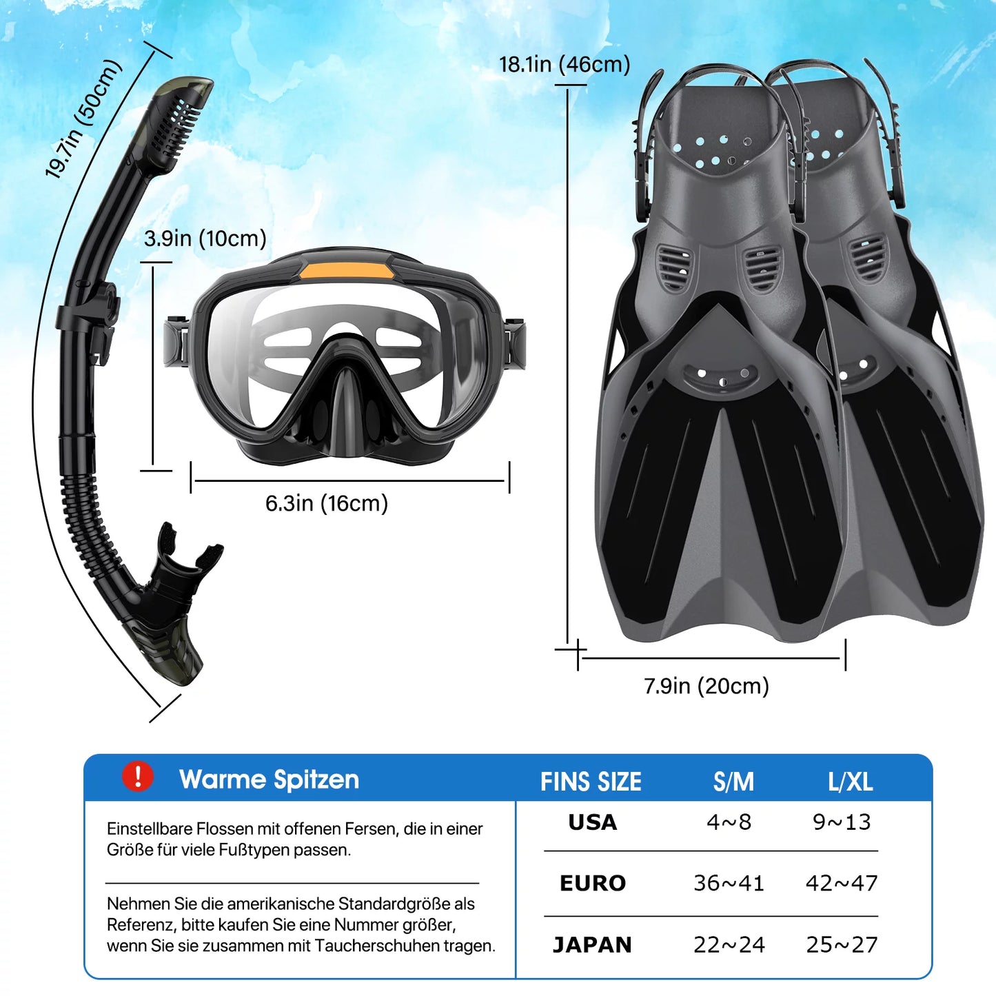 Snorkeling gear for adults men women,4 in 1 snorkel set with panoramic view diving mask anti-fog anti-leak,dry top snorkel,fins and travel bag for swimming,snorkeling and travel diving