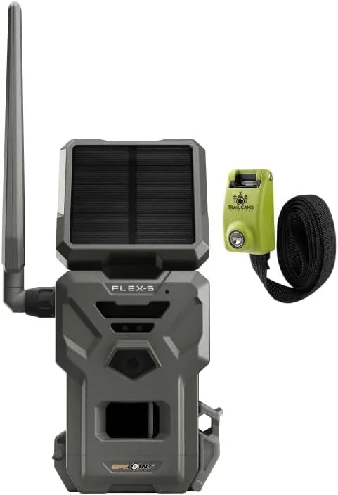 Spypoint flex-s solar cellular trail camera integrated solar panel, lte connectivity, 100-foot flash/detection range, internal battery, optional battery backup + steel reinforced strap