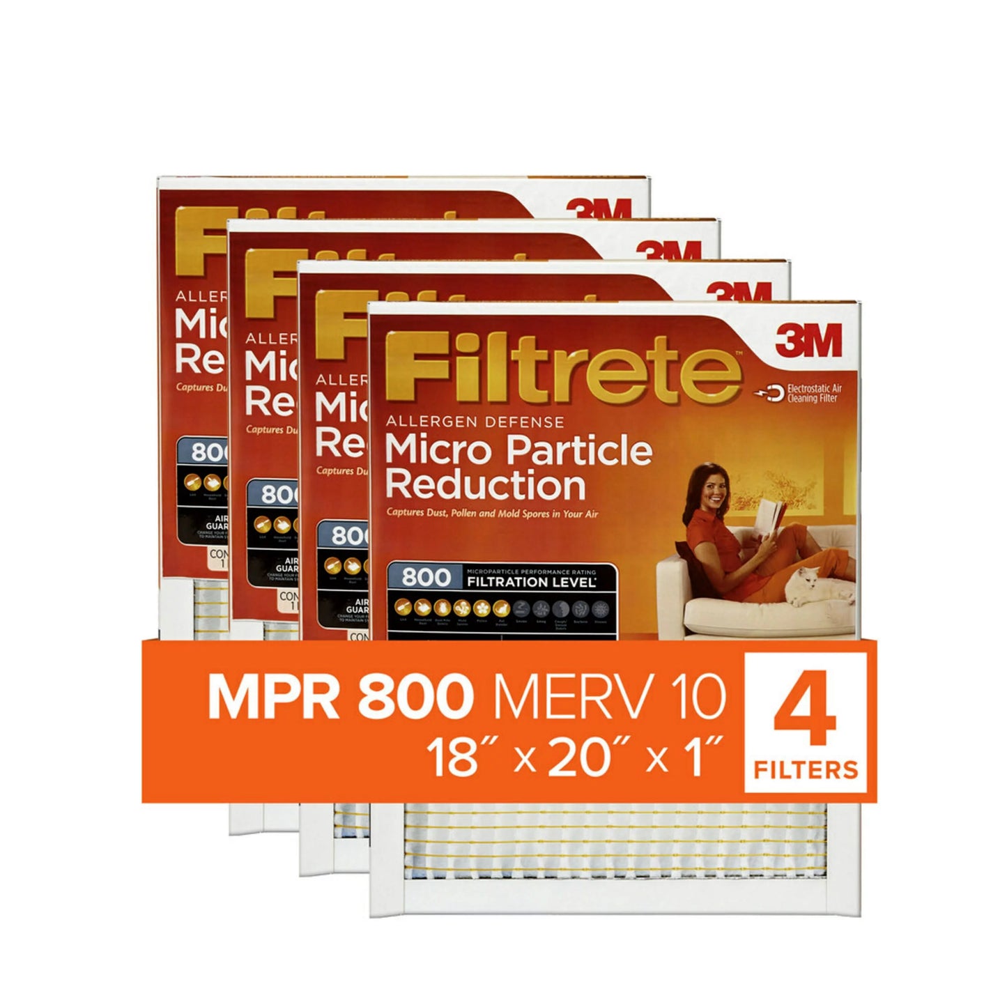 Filtrete 18x20x1 air filter, mpr 800 merv 10, micro particle reduction, 4 filters