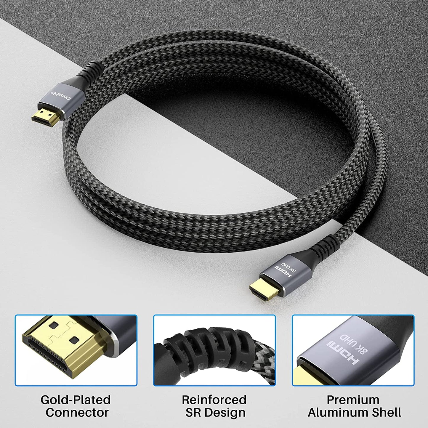 Short 8k hdmi 2.1 certified cable 2 feet (2 pack) 48gbps high speed ultra hd braided cord, 8k@60hz 4k@120hz earc hdr