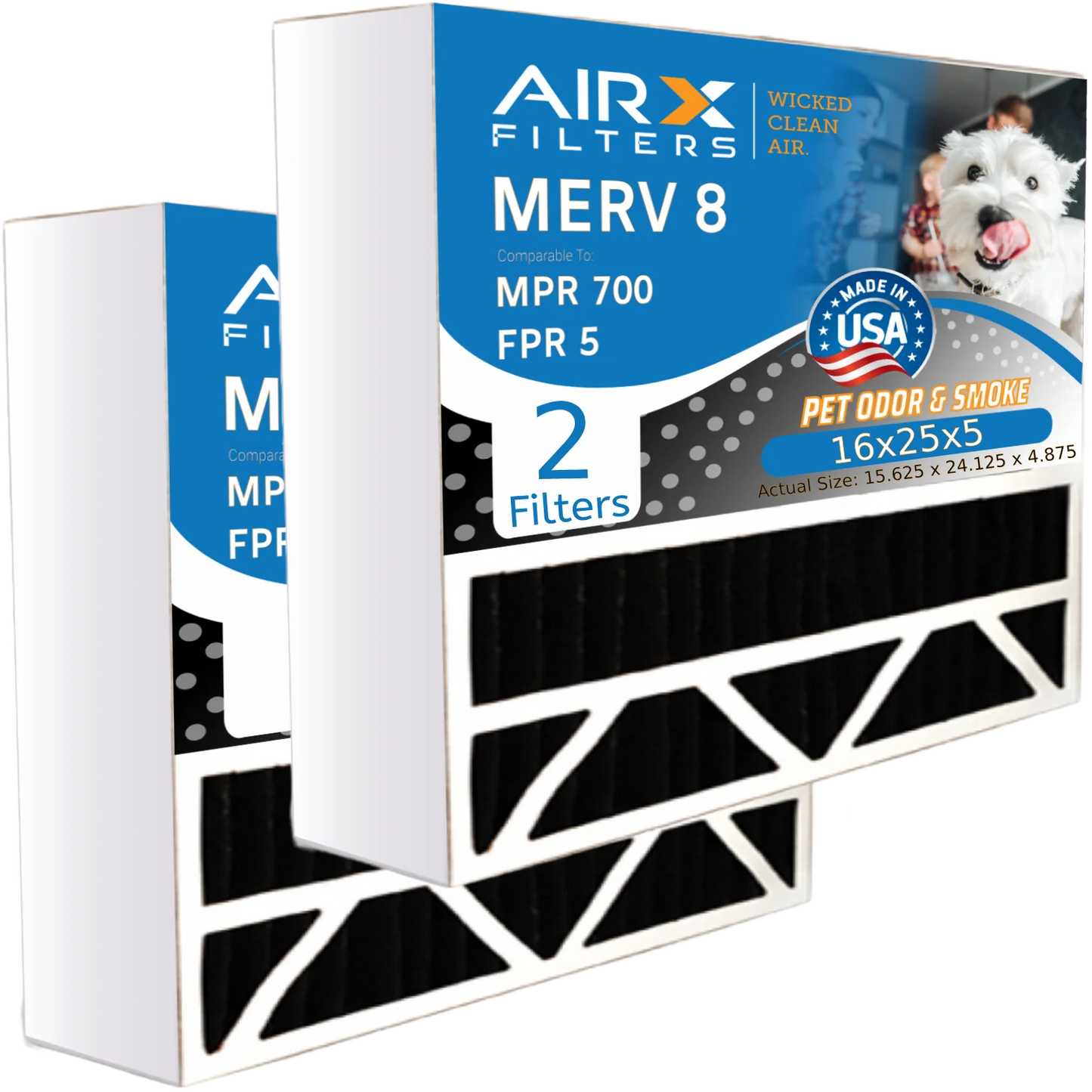 16x25x5 air filter odor eliminator carbon filter merv 8 comparable to mpr 700 & fpr 5 compatible with air bear 255649-105 2 pack by airx filters wicked clean air.