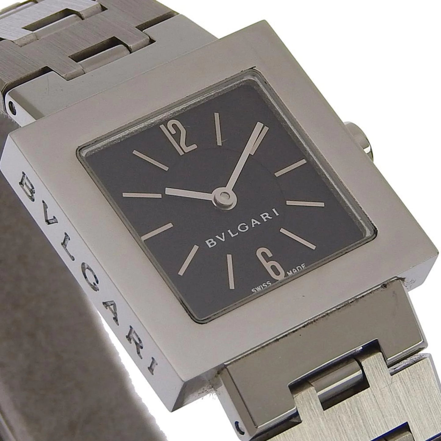 Pre-owned bvlgari bulgari quadrado watch sq22ss stainless steel silver quartz analog display ladies black dial (good)