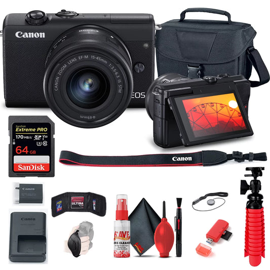 Restored canon eos m200 mirrorless digital camera with 15-45mm lens (black) (3699c009) + 64gb memory card + case + card reader + flex tripod + hand strap + cap keeper + memory wallet + cleaning kit (refurbished)