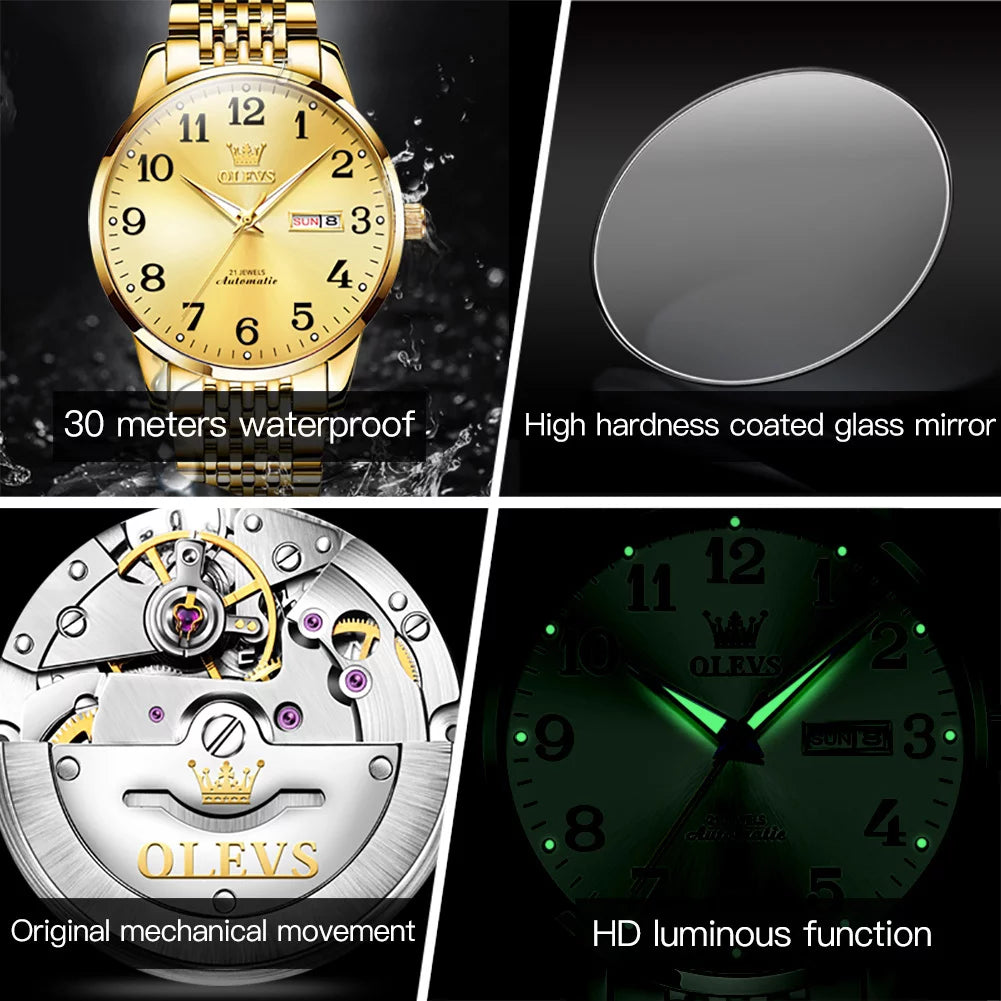 Olevs gold watch for men self winding large face arabic numerals dial easy reader waterproof reloj para hombre, gifts for men, male adult wristwatch