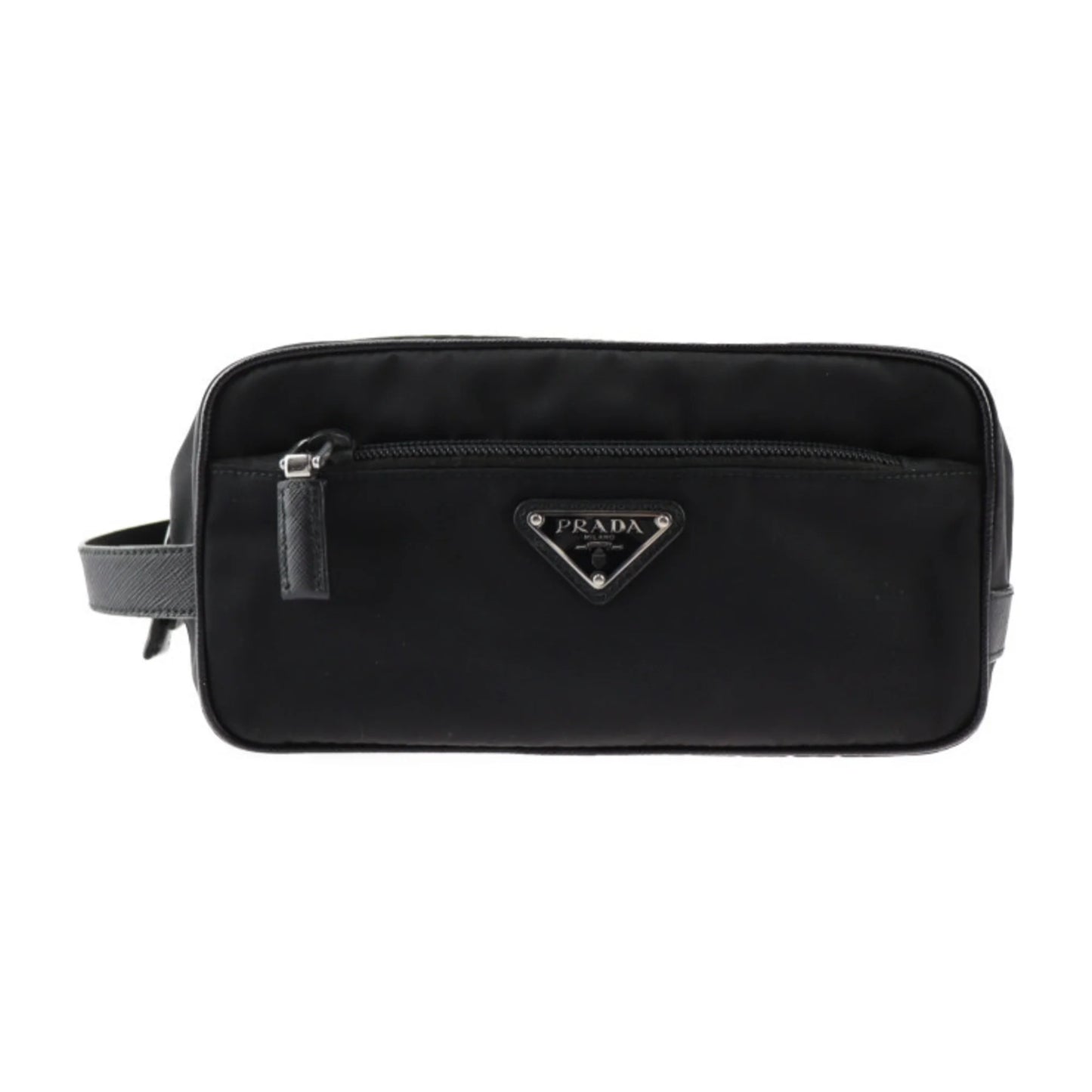 Pre-owned prada prada second bag 2na819 nylon leather black silver hardware clutch handbag triangle logo (good)