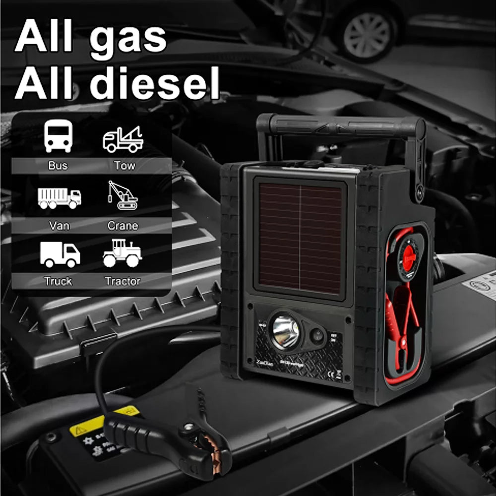 Zundian solar portable power station 2000 amps jump starter, 260 psi air compressor, 12v car battery charger with 400w inverter dual ac/dc/usb output, emergency backup power