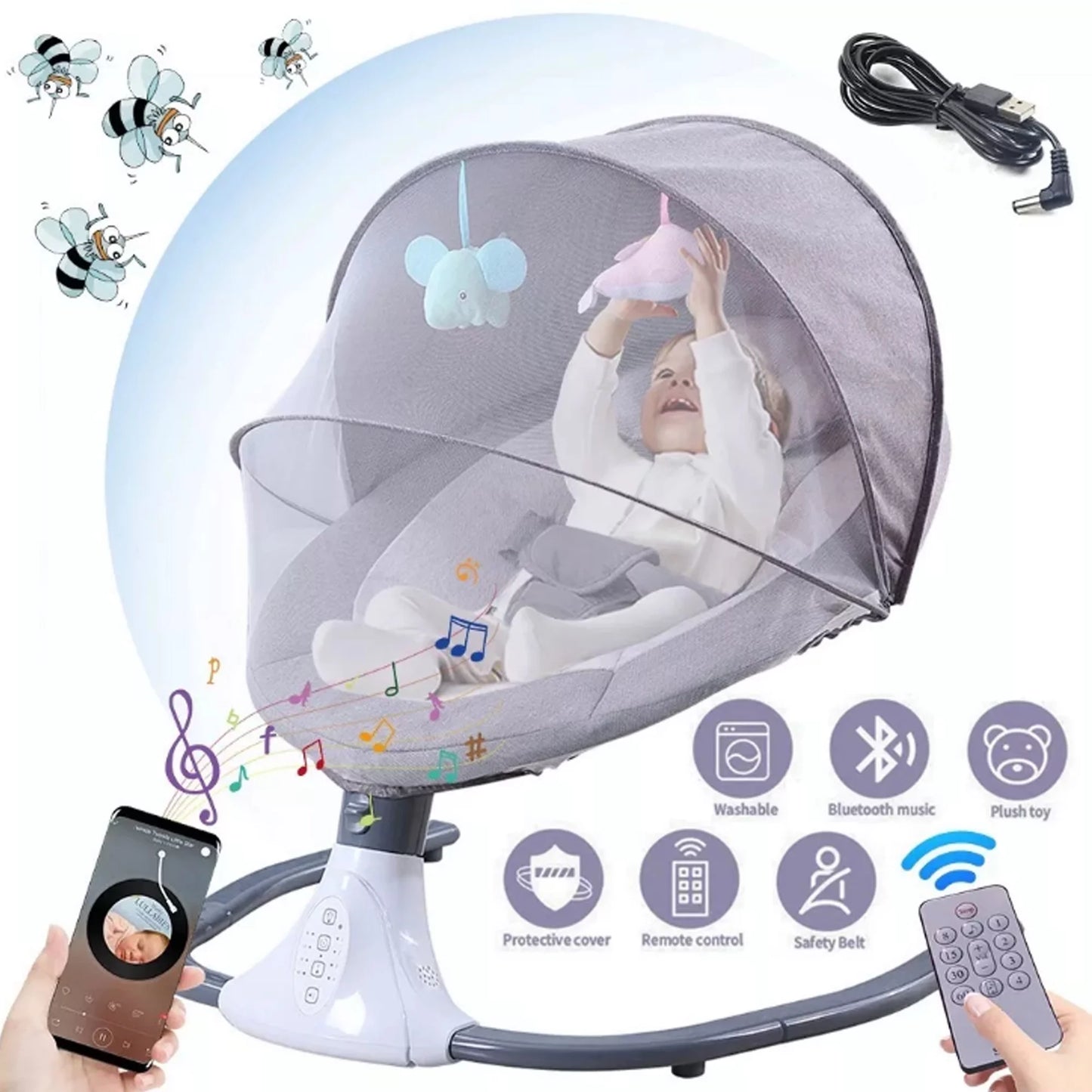 Electric baby swing portable swing chair infant swing seat with 4 speeds and remote control, gray