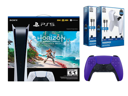 Sony playstation 5 digital horizon forbidden west bundle with extra purple controller with 2 pack surge battery pack & charge cable