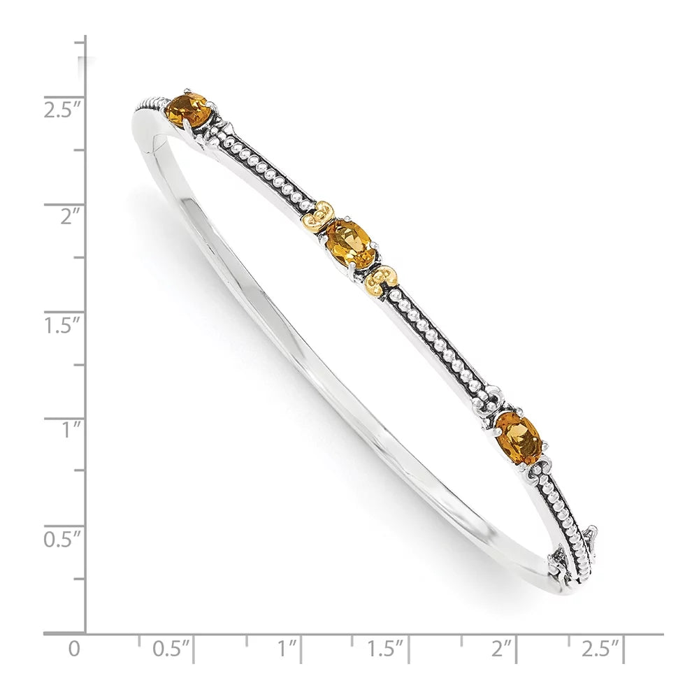 Shey couture sterling silver with 14k accent antiqued oval citrine hinged bangle qtc1449