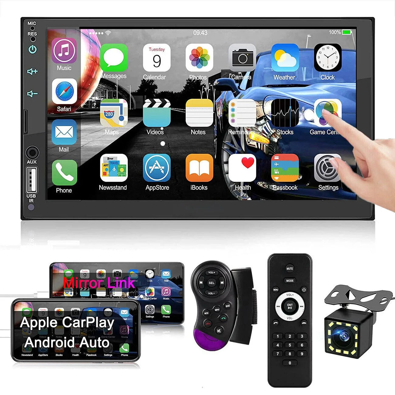 Double 2din 7" car stereo android/apple carplay radio touch screen player + 12led camera