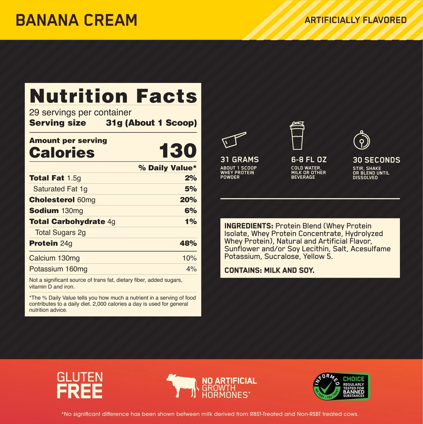 Optimum nutrition, gold standard 100% whey protein powder, banana cream, 2 lb, 29 servings