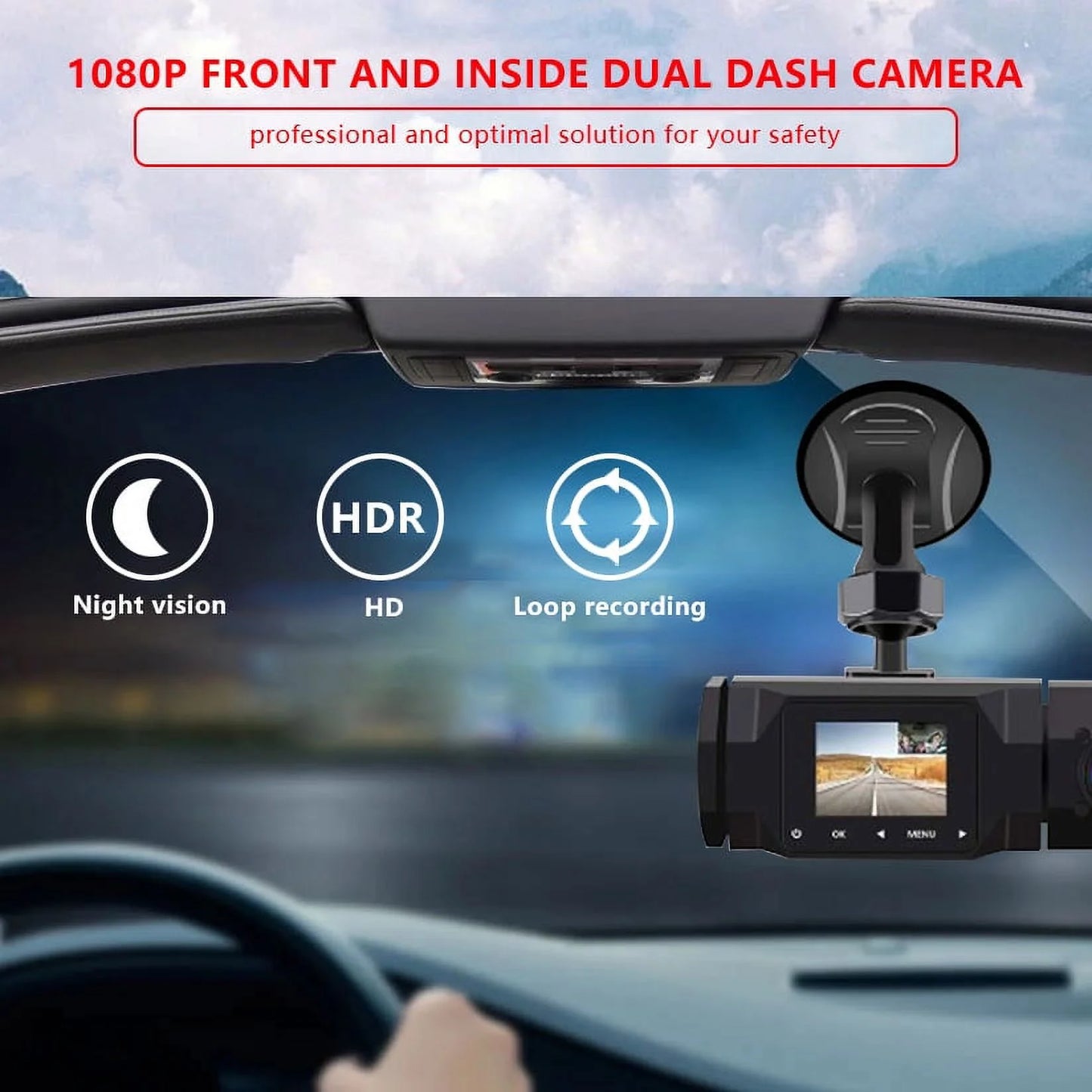 Soatuto dual dash cam 1080p front and cabin car dashboard camera with ir night vision, 2 channel driving recorder motion detection, parking monitoring, accident locked, loop recording, 1.5in ips