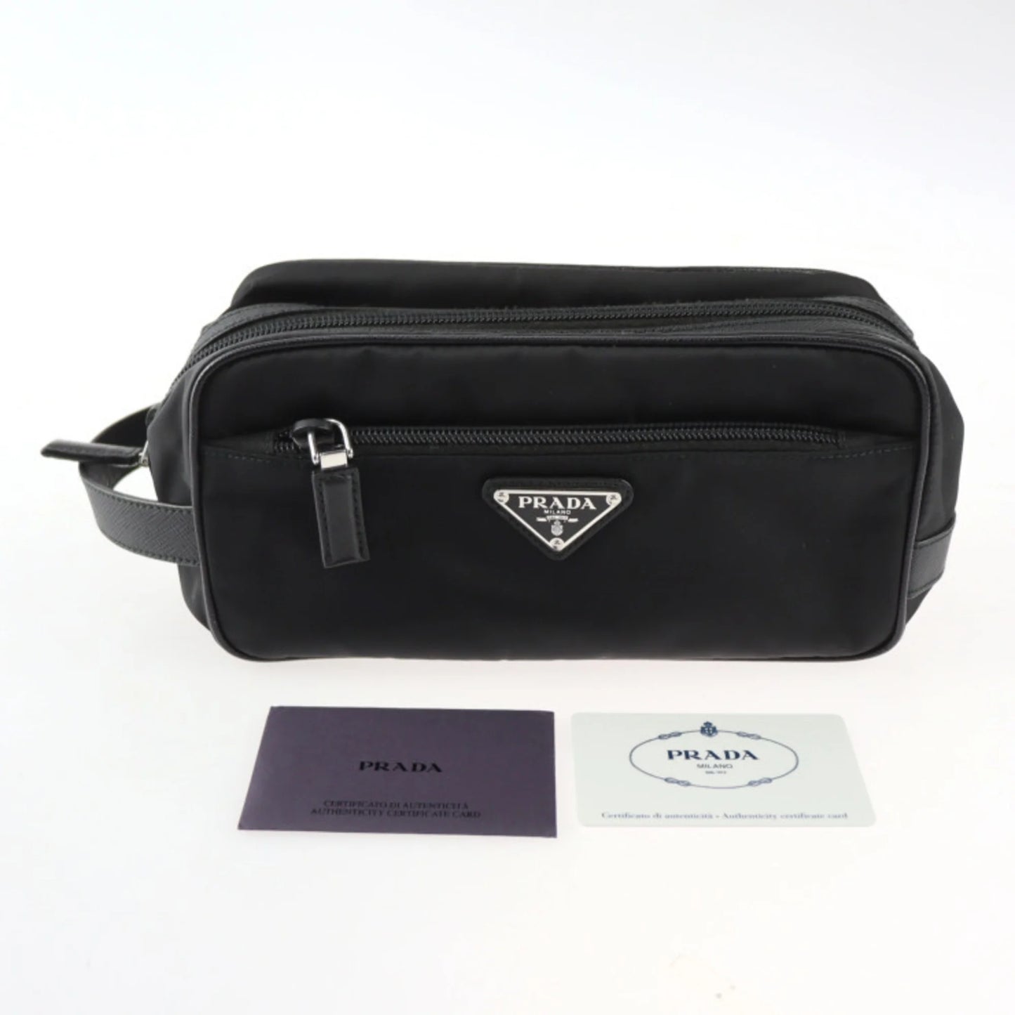 Pre-owned prada prada second bag 2na819 nylon leather black silver hardware clutch handbag triangle logo (good)