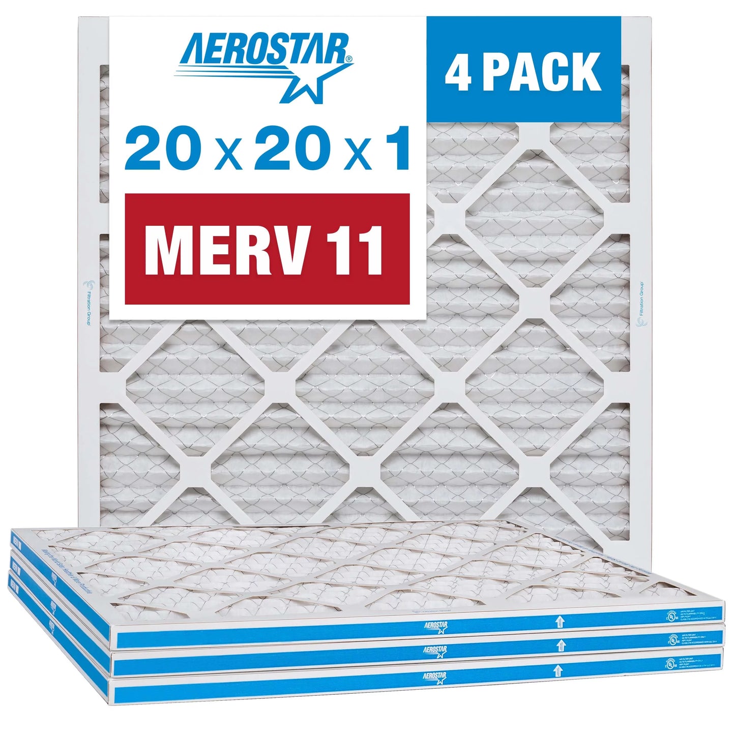 Aerostar 20x20x1 air filters merv 11, pleated air filter, 20x20x1, box of 4, made