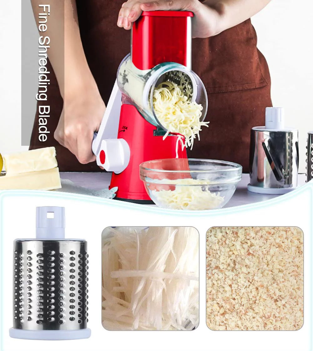 Ourokhome rotary cheese grater shredder- 3 drum bladea manual slicer nut grinder with vegetable peeler and cleaning brush (white red)