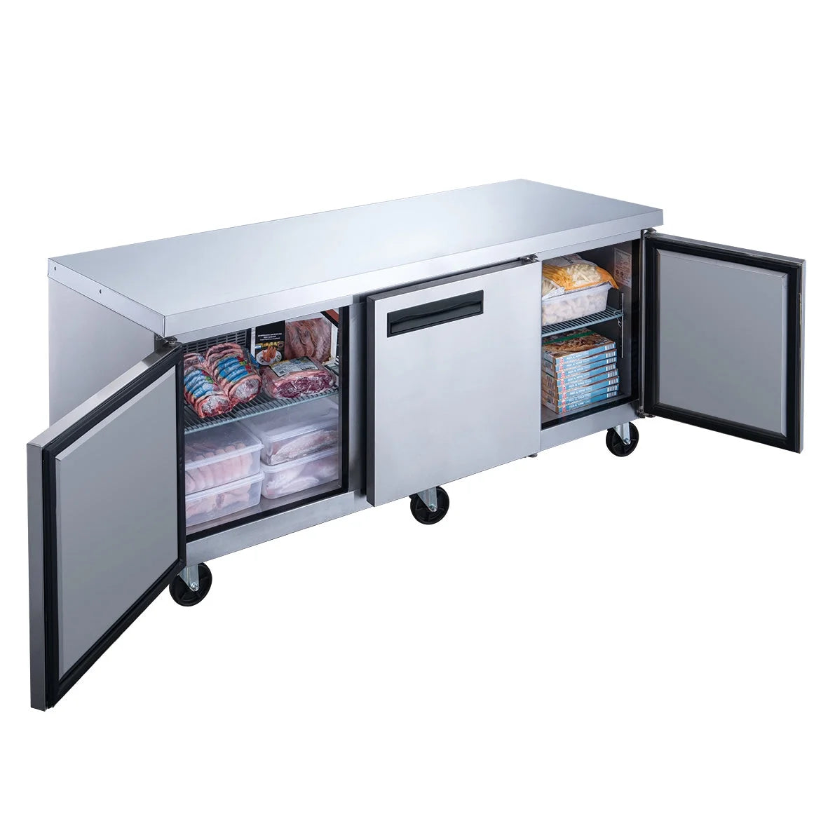 72 in. three door commercial undercounter freezer in stainless steel 18.96 cu. ft.