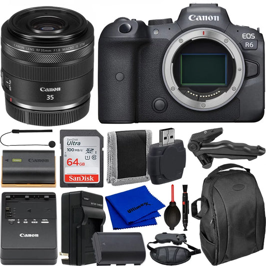 Ultimaxx essential canon eos r6 mirrorless camera with rf 35mm f/1.8 is macro stm lens bundle - includes: 64gb ultra memory card, replacement battery & much more