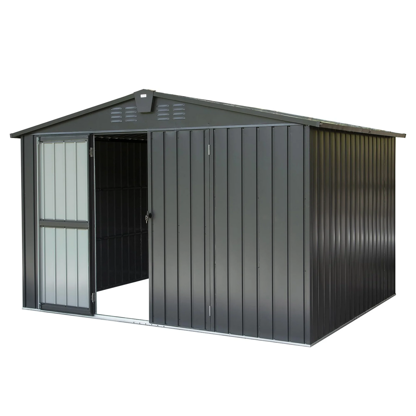 Outdoor storage shed 10'x 8', metal garden shed for bike, trash can, tools, galvanized steel outdoor storage cabinet with lockable door for backyard, patio, lawn (10x8ft, black)