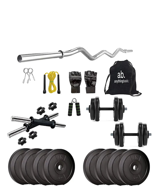 Anythingbasic. pvc 18 kg home gym set with one 3 ft curl and one pair dumbbell rods with gym accessories, black