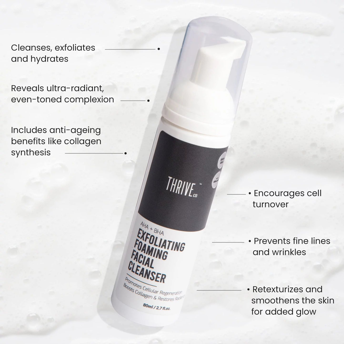 Thriveco exfoliating face wash with aha+bha | 80 ml | gently exfoliates dull, dead skin for a healthy, radiant complexion