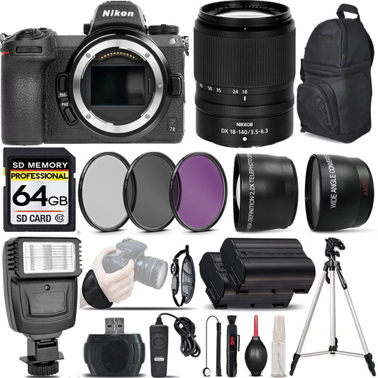 Nikon z7 ii digital camera + nikon 18-140mm vr lens + flash + 0.43x wide angle lens + 2.2x telephoto lens + 64gb class 10 memory card + uv-cpl-fld filters + wireless remte - international version