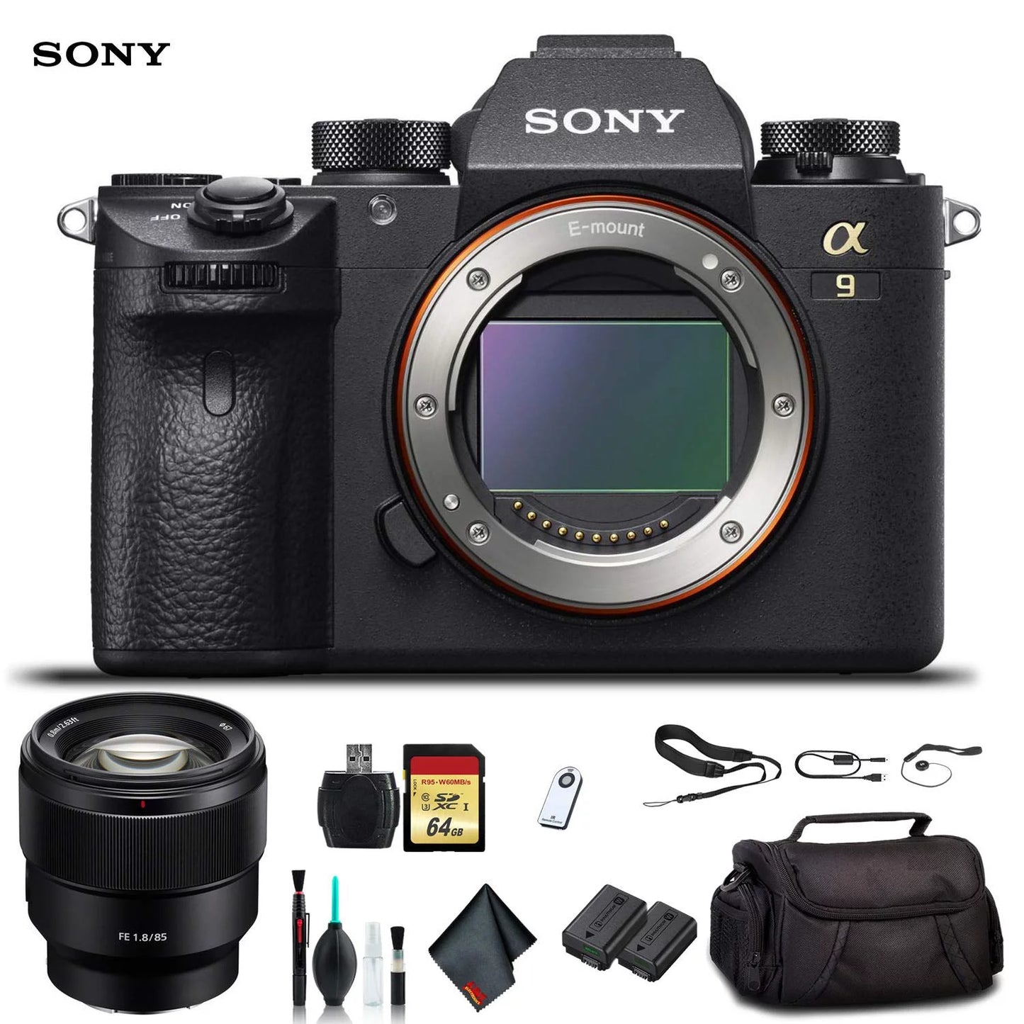 Sony alpha a9 mirrorless camera ilce9/b with sony fe 24-70mm lens, soft bag, additional battery, 64gb memory card, card reader , plus essential accessories