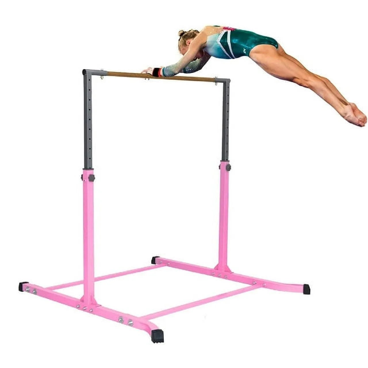 5 star-td pink gymnastic kip bar for kids, expandable 3-5 ft, adjustable height horizontal bar, heavy duty curved legs, junior training equipment, home gymnastics, strong and durable