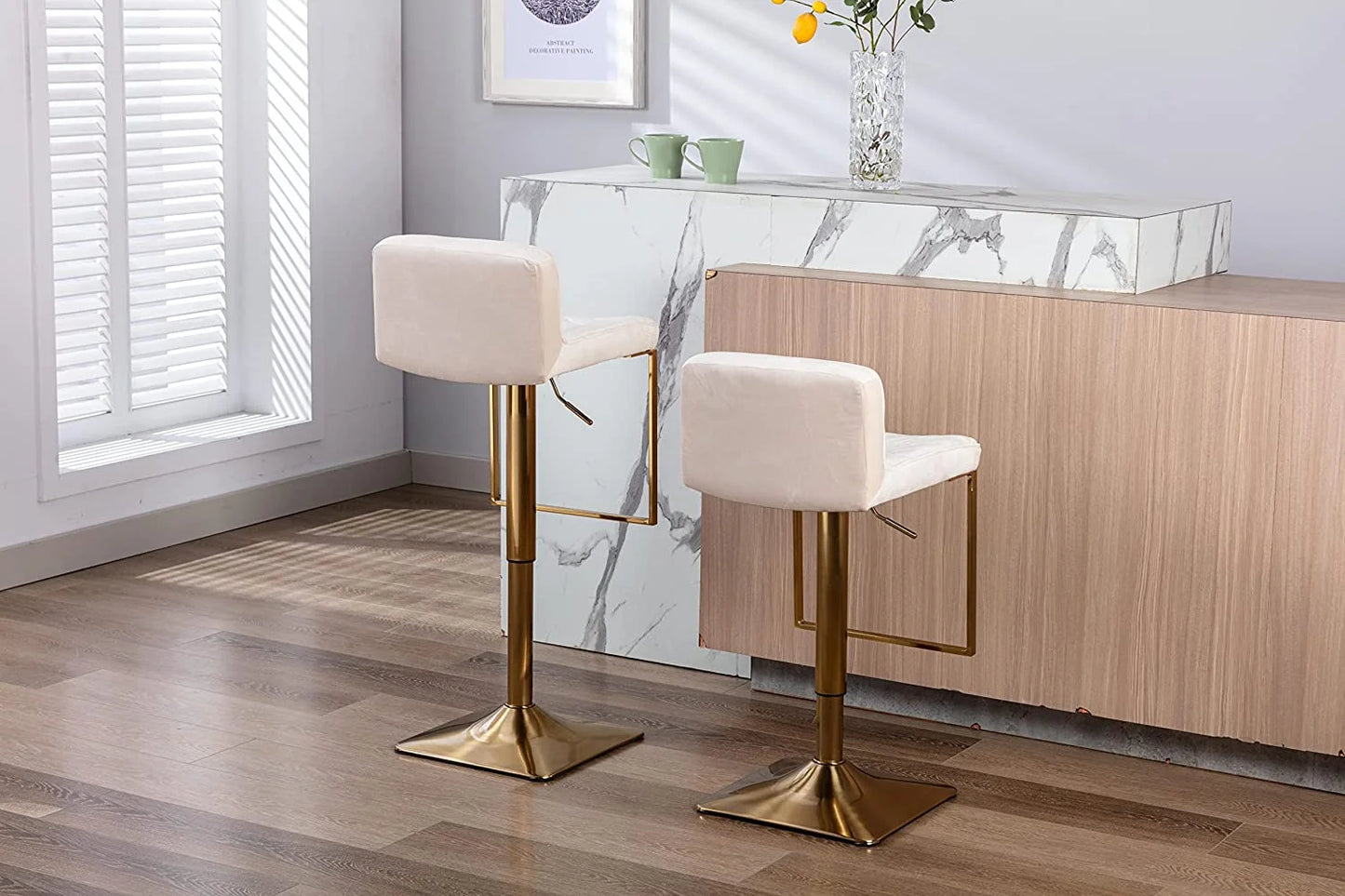 Tjunbolife velvet  stools  modern swivel counter height barstools  height adjustable kitchen stools for island  chairs island stools chair gold sillas para barra de cocina (ivory  set of