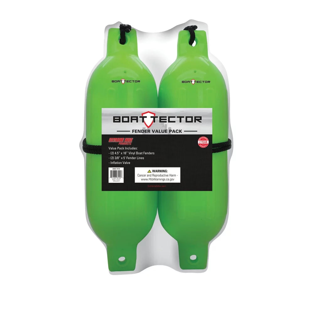 Extreme max 3006.7587 boattector inflatable fender value 2-pack - 4.5" x 16", neon green