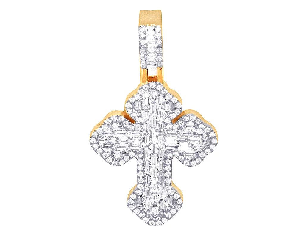 Clover cross 1.1ct baguette diamond pendant 10k gold-yellow-white gold