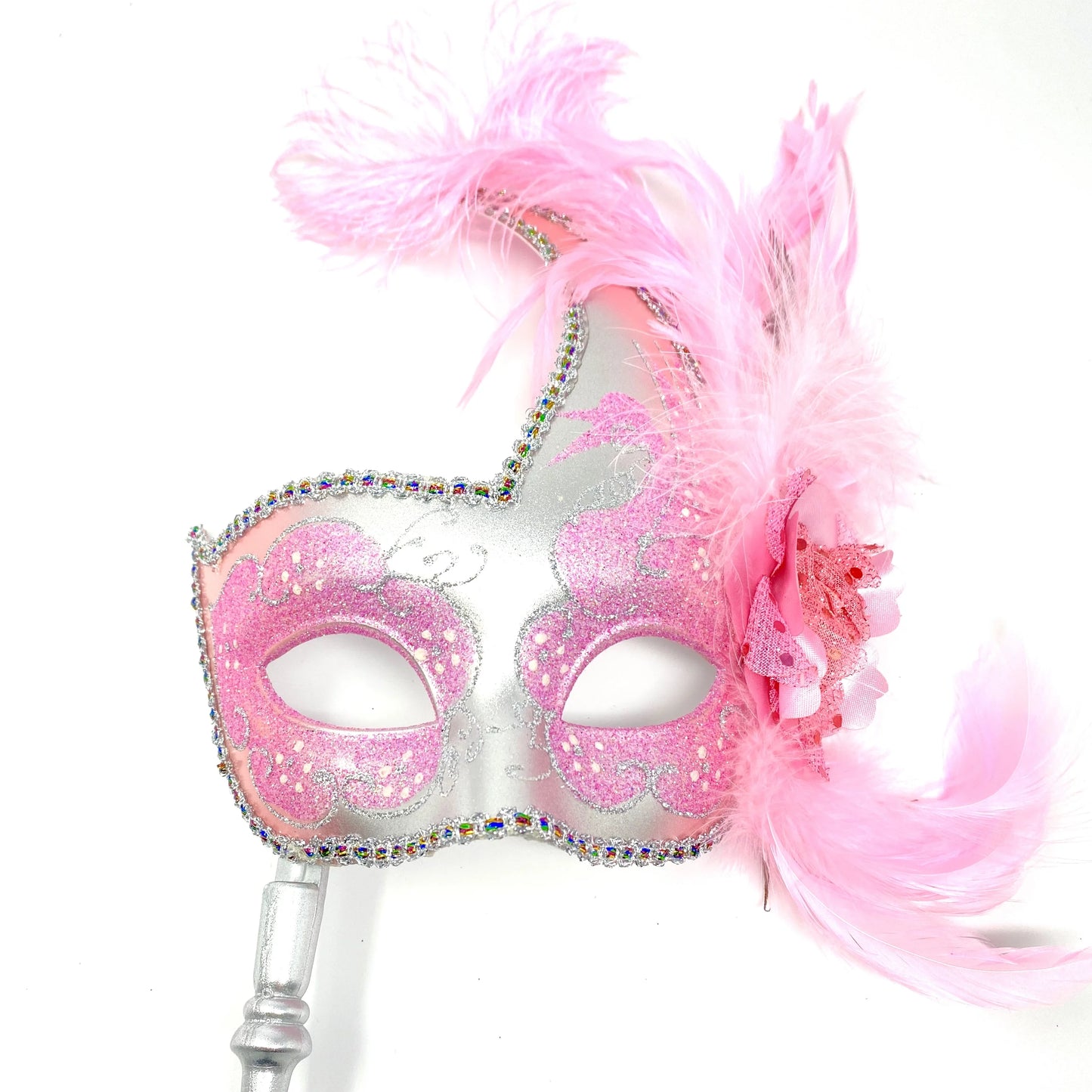 Women lady girls costume holding stick venetian feather mask masquerade mask halloween mardi gras cosplay wedding party