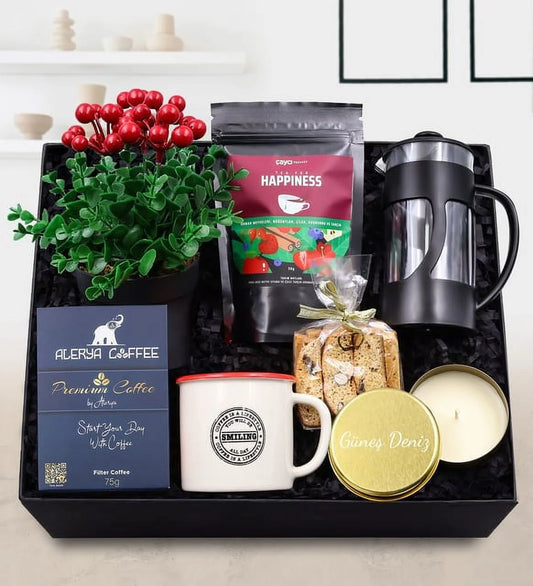 Personalized gold metal boxed candle & red vintage cup & alerya premium filter coffee & black french press & almond cookie & teashop forest fruit tea & kokina artificial flower gift set