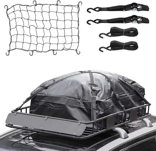 Eyoloty heavy duty 64"x 39" roof rack, rooftop cargo carrier basket with waterproof bag, tie down strap, net, rack extension and car top luggage holder for suv, 150lb capacity, steel construction