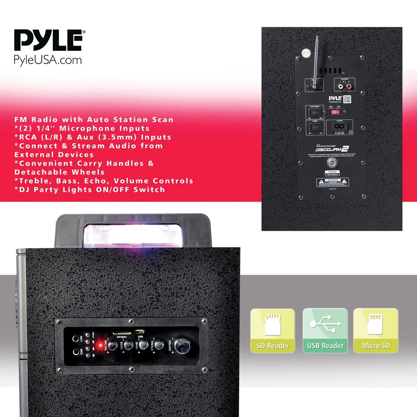 Pyle psufm1043bt portable bluetooth speaker system with flashing party lights