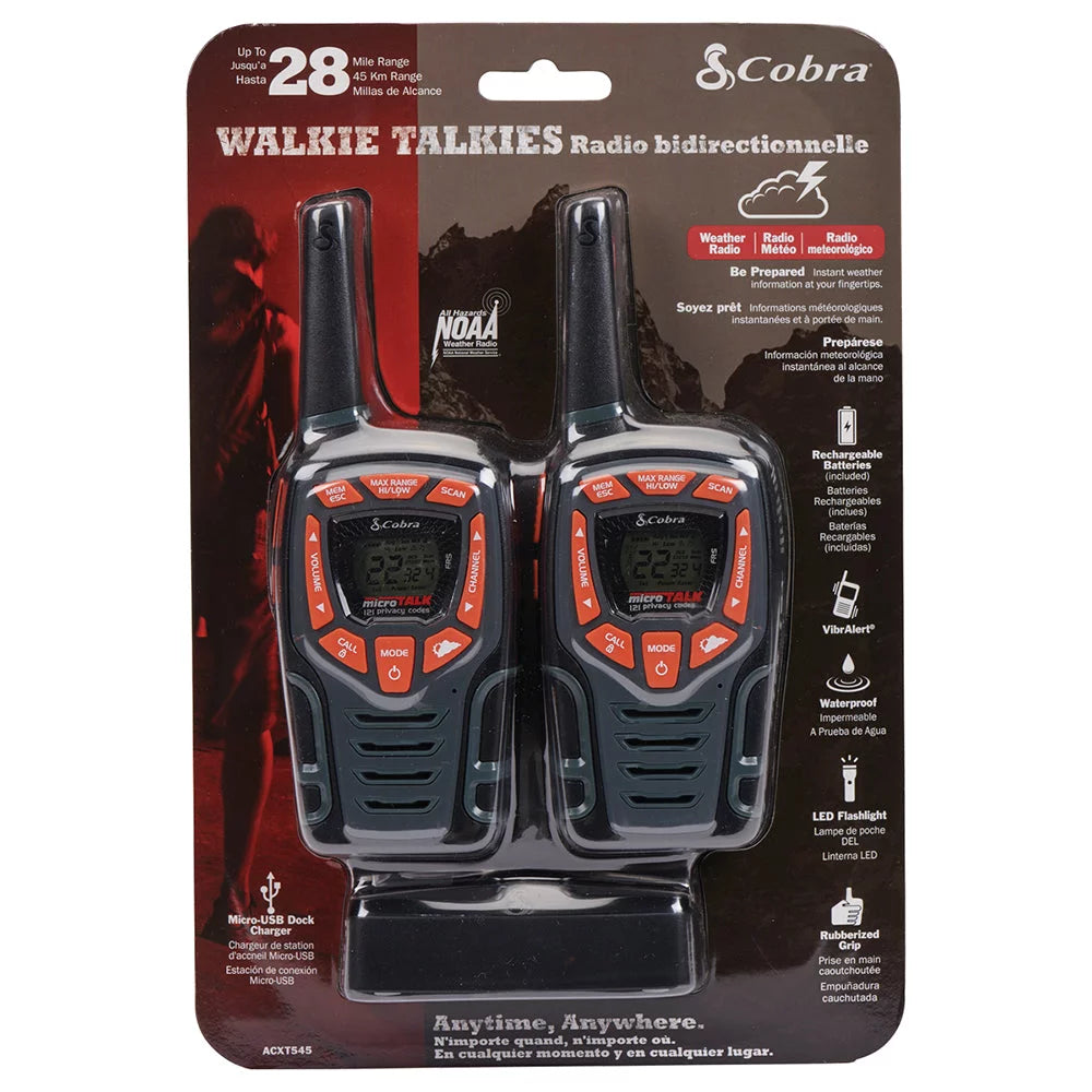 Cobra acxt545 weather-resistant walkie talkies for adults - rechargeable, 22 channels, long range 28-mile two-way radio set (2-pack)