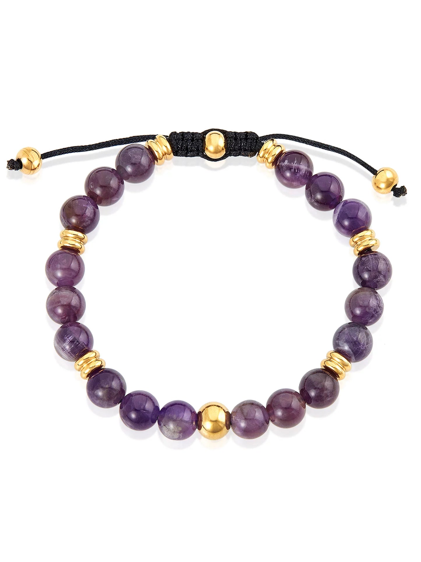 Coastal jewelry men's amethyst stone and gold plated stainless steel beaded adjustable bracelet (8mm)