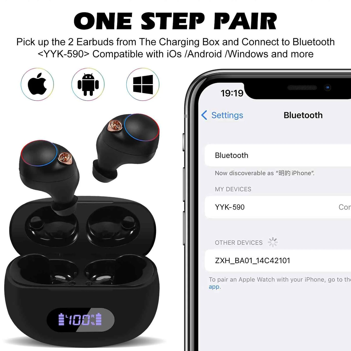 Urbanx true wireless bluetooth earbuds + charging case, black, dual connect, ipx5 water resistance, bluetooth 5.2 connection, balanced, bass boost compatible with lenovo k12 pro