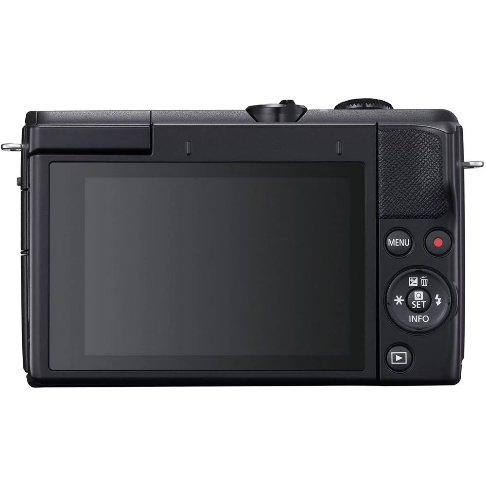 Restored canon eos m200 mirrorless digital camera with 15-45mm lens (black) (3699c009) + 64gb memory card + case + card reader + flex tripod + hand strap + cap keeper + memory wallet + cleaning kit (refurbished)