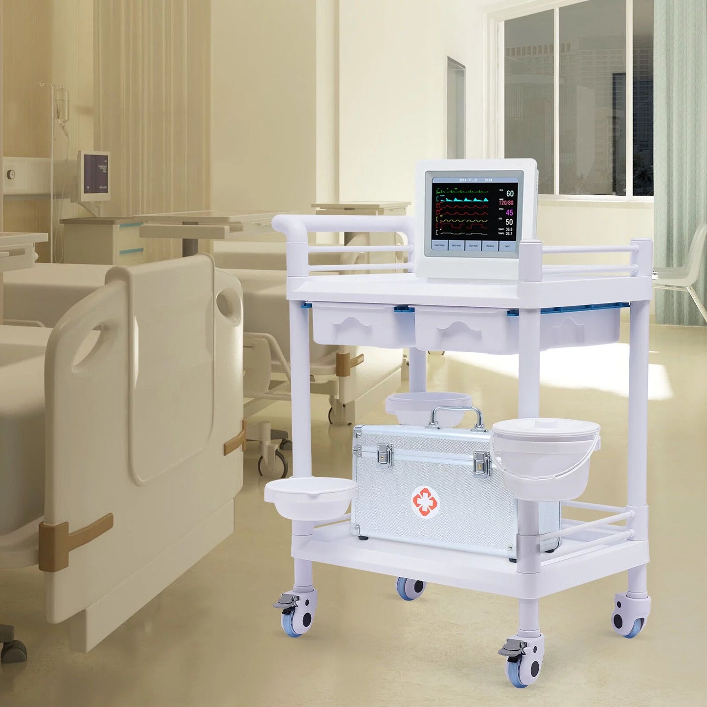 2 tier rolling beauty spa trolley cart, mobile utility cart trolley spacious spa beauty salon rolling trolley with 360°rotate wheels for hospital dental clinic beauty salon