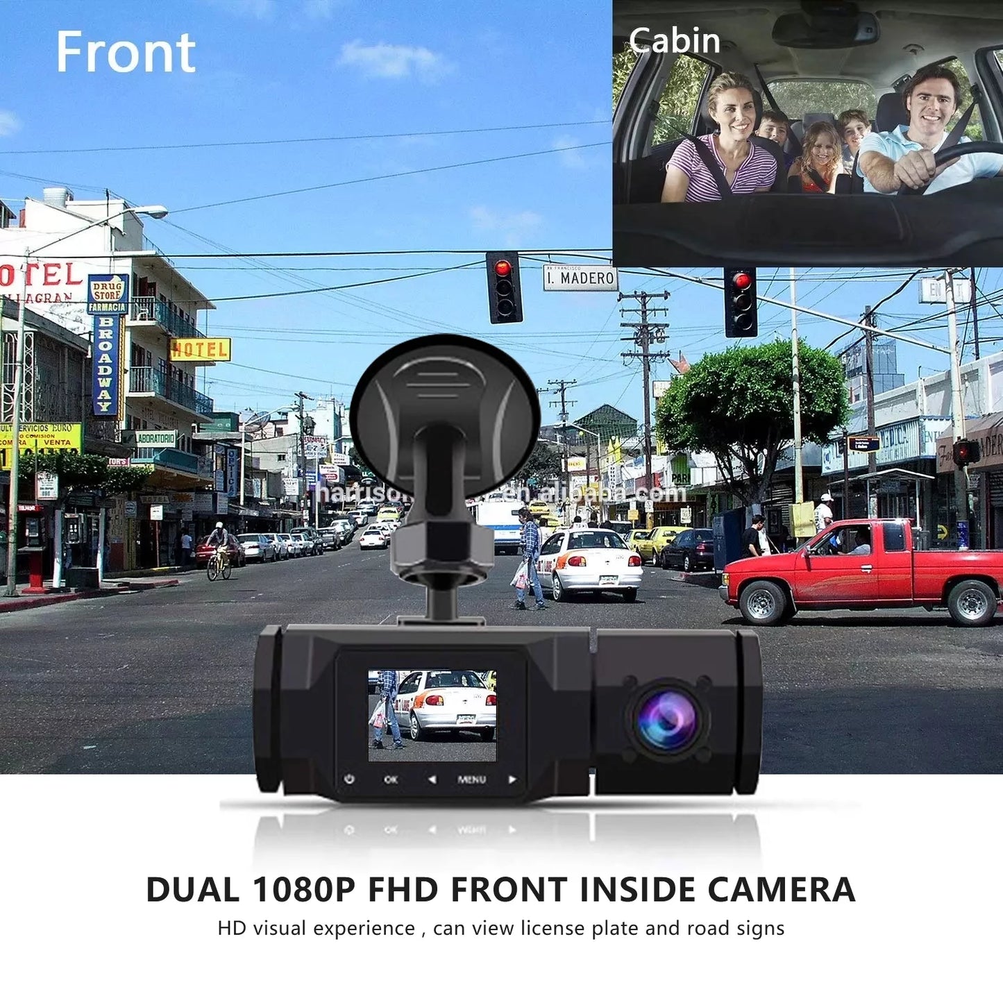 Soatuto dual dash cam 1080p front and cabin car dashboard camera with ir night vision, 2 channel driving recorder motion detection, parking monitoring, accident locked, loop recording, 1.5in ips