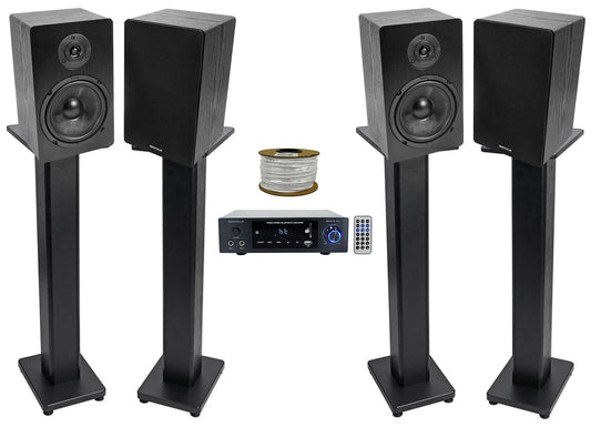 Rockville bluamp 150 amplifier w/ bluetooth+(4) 6.5" bookshelf speakers+stands