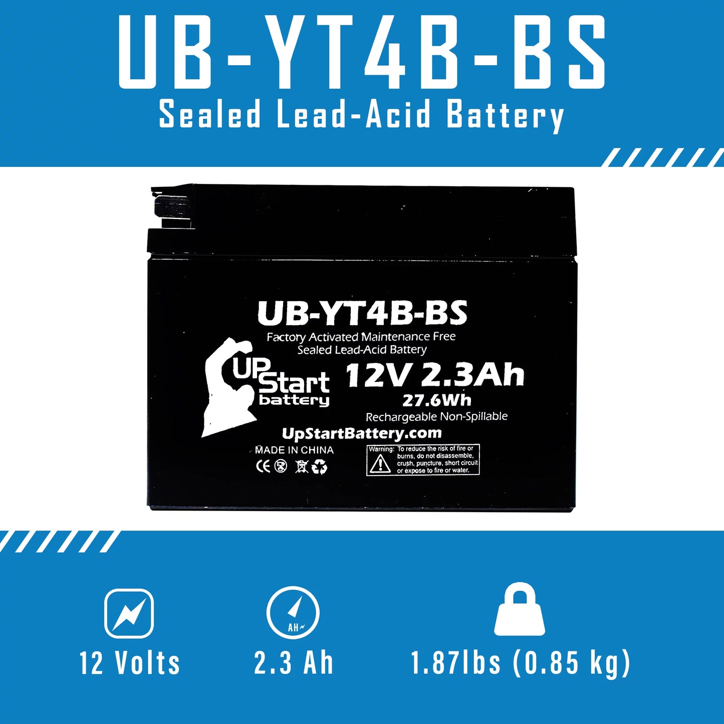 4-pack upstart battery replacement for 2010 yamaha sr400 (fi) 400cc factory activated, maintenance free, motorcycle battery - 12v, 2.3ah, ub-yt4b-bs