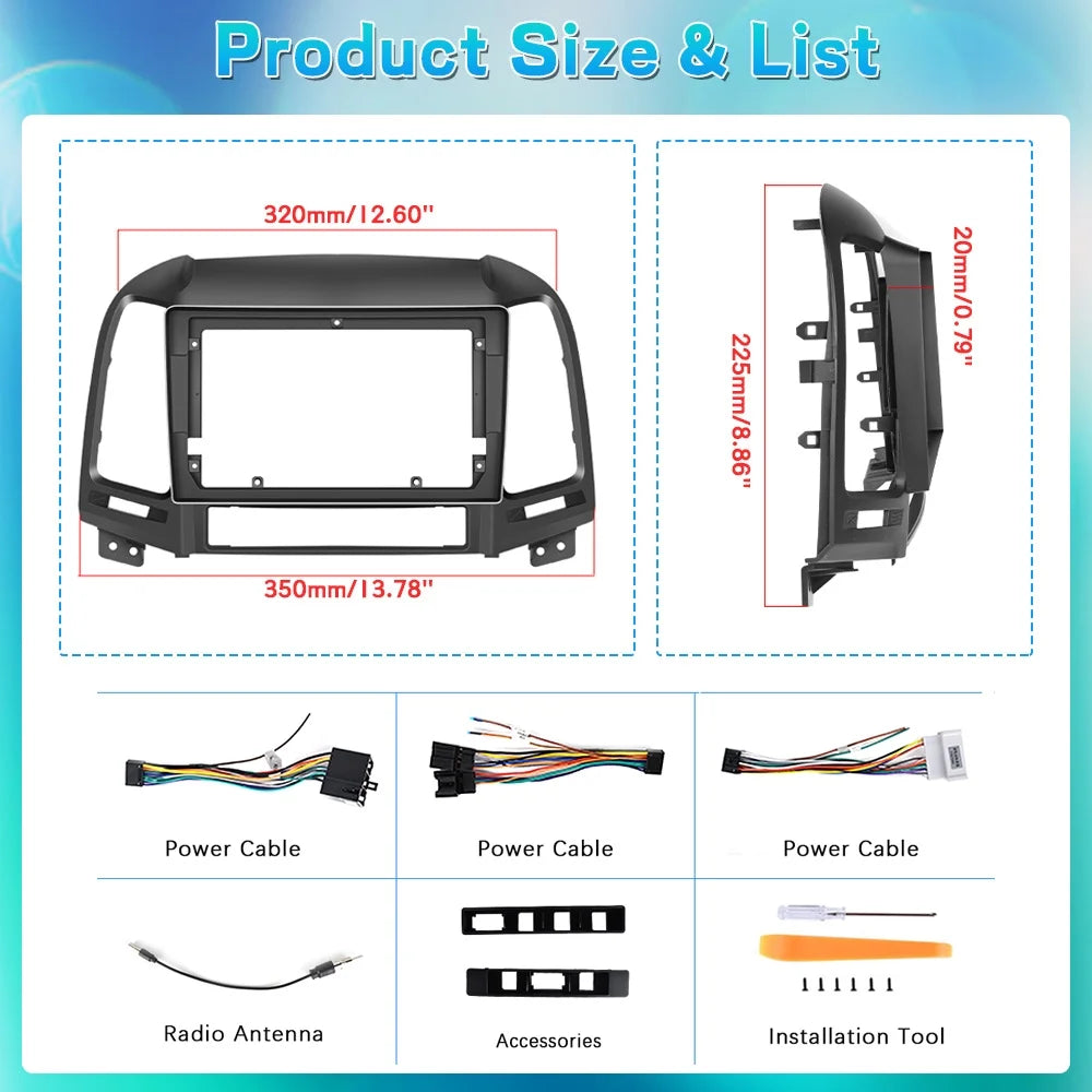 Podofo 2+64g for hyundai santa-fe 2006-2012 9'' car stereo radio wireless carplay android auto mirror link android 13 wifi gps fm bluetooth usb hifi,ahd backup camera