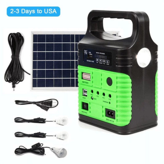 Portable power station and solar generator with 10w solar panel, flashlights, camp lamps with battery usb charger back-up electric system home emergency power outdoor