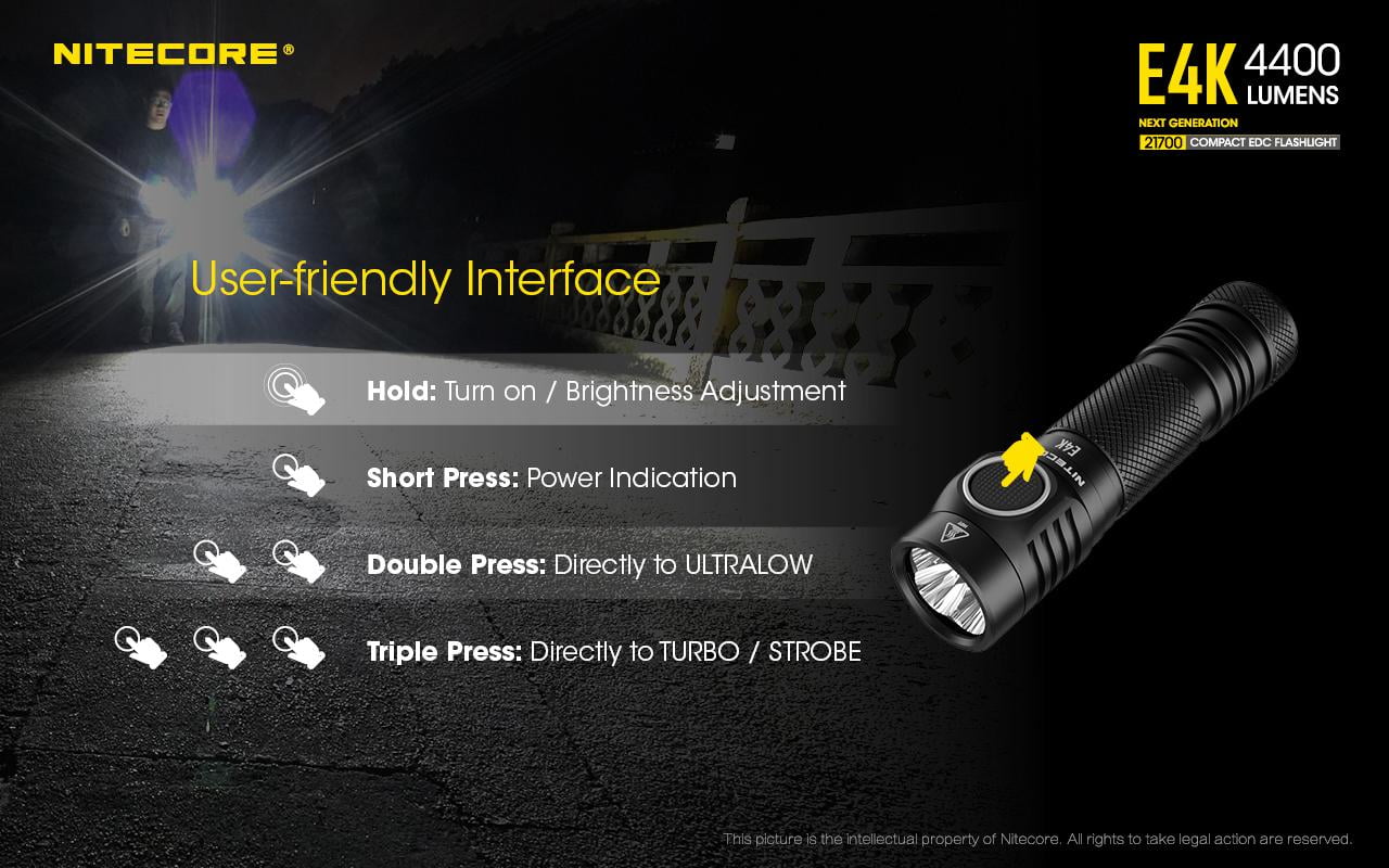 Combo: nitecore e4k flashlight -1x nitecore 21700 rechargeable li-ion battery included w/offset mount