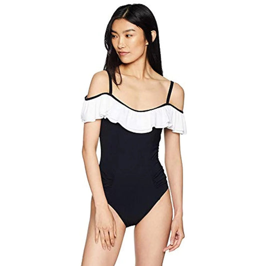 Profile by gottex women's off the shoulder one piece swimsuit, tutti frutti black/white, 10