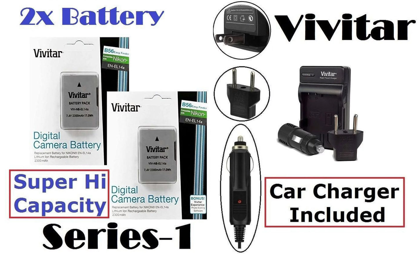 Super hi vivitar 2-pc 2300 mah en-el14a li-ion battery & charger for nikon d3400