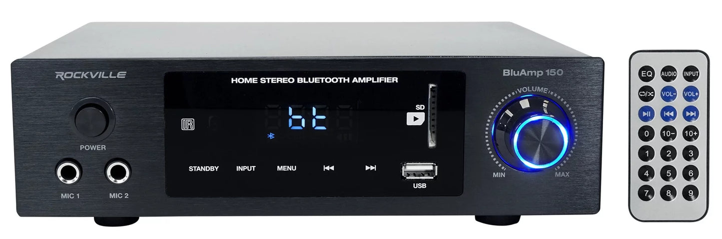 Rockville bluamp 150 amplifier w/ bluetooth+(4) 6.5" bookshelf speakers+stands