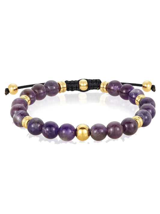 Coastal jewelry men's amethyst stone and gold plated stainless steel beaded adjustable bracelet (8mm)